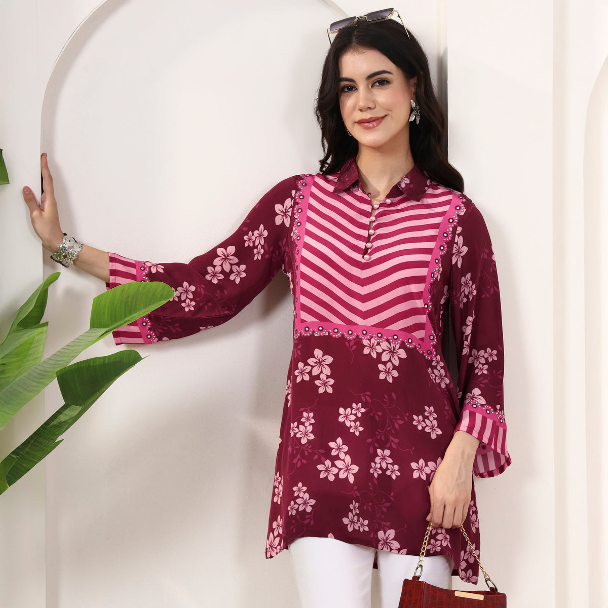 Pink Floral Print Kurta for Women – Viscose Crepe | First Resort by Ramola Bachchan