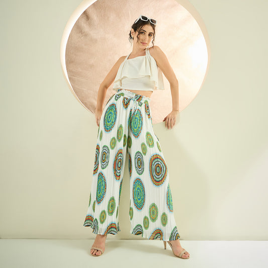 White Geometric Print Pleated Palazzo