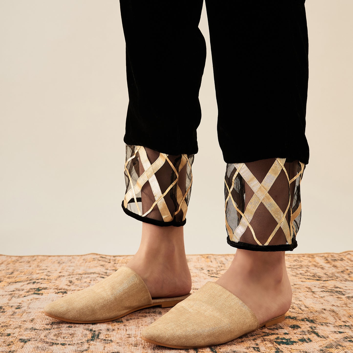 Black Silk Velvet Straight Pants with Gota Lace Detail