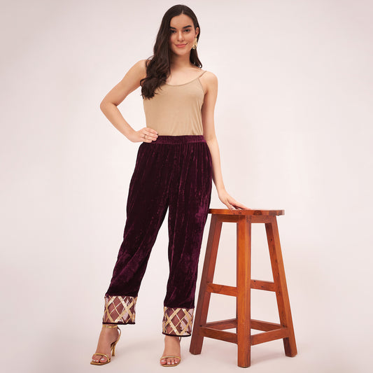 Maroon Silk Velvet Straight Pants with Gota Lace Detail