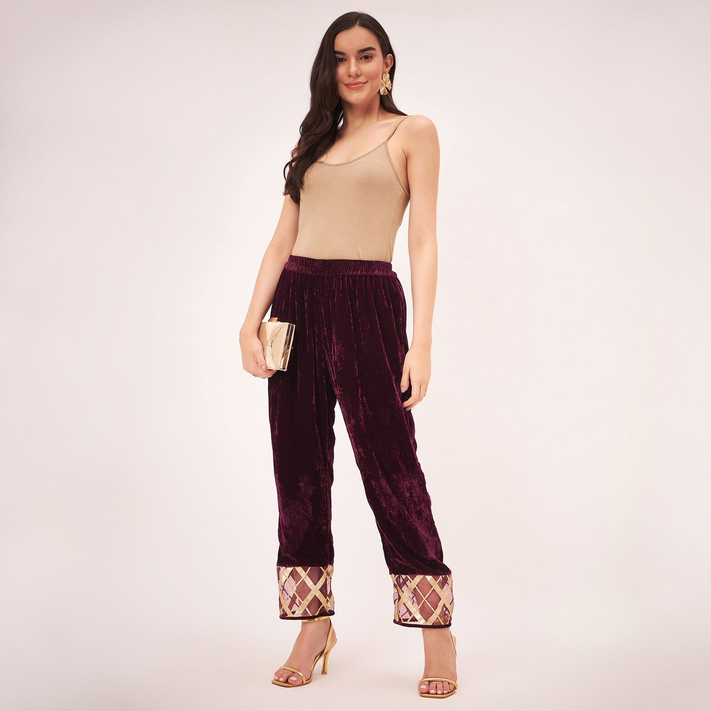 Maroon Silk Velvet Straight Pants with Gota Lace Detail