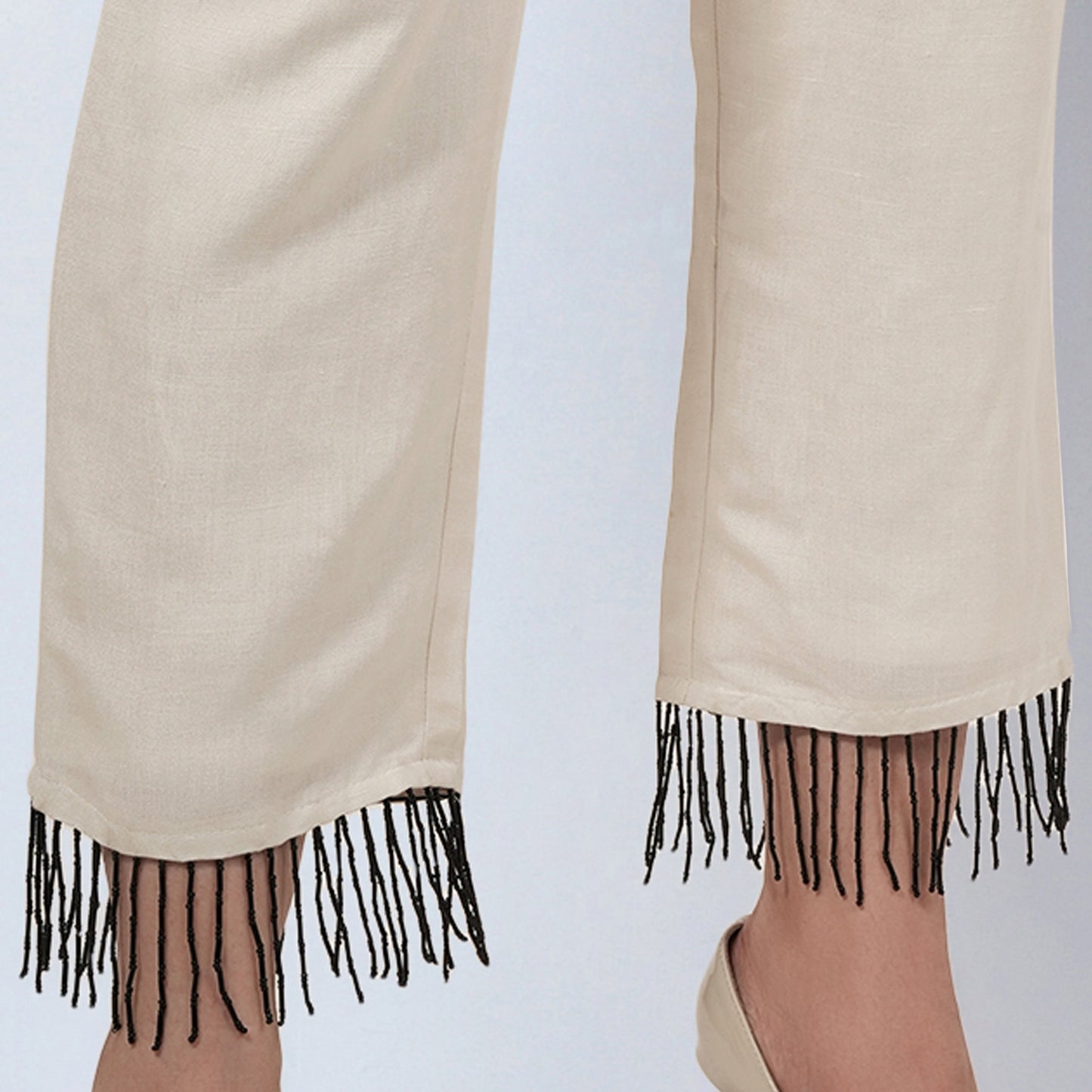 Off White Linen Pants with Bead Lace