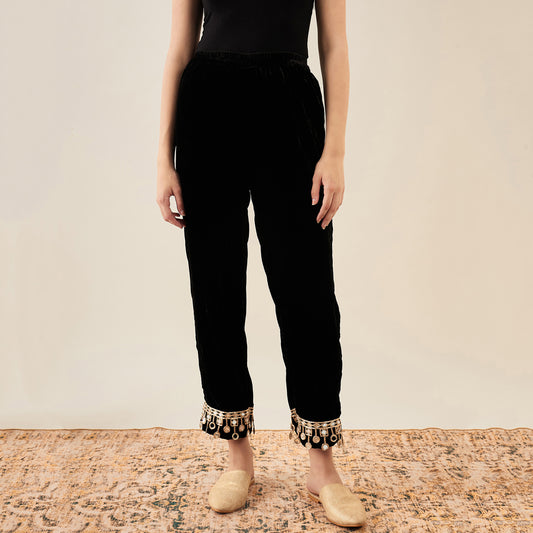 Black Silk Velvet Straight Pants with Mirror Lace Detail
