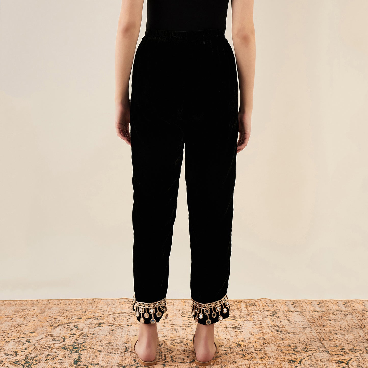 Black Silk Velvet Straight Pants with Mirror Lace Detail