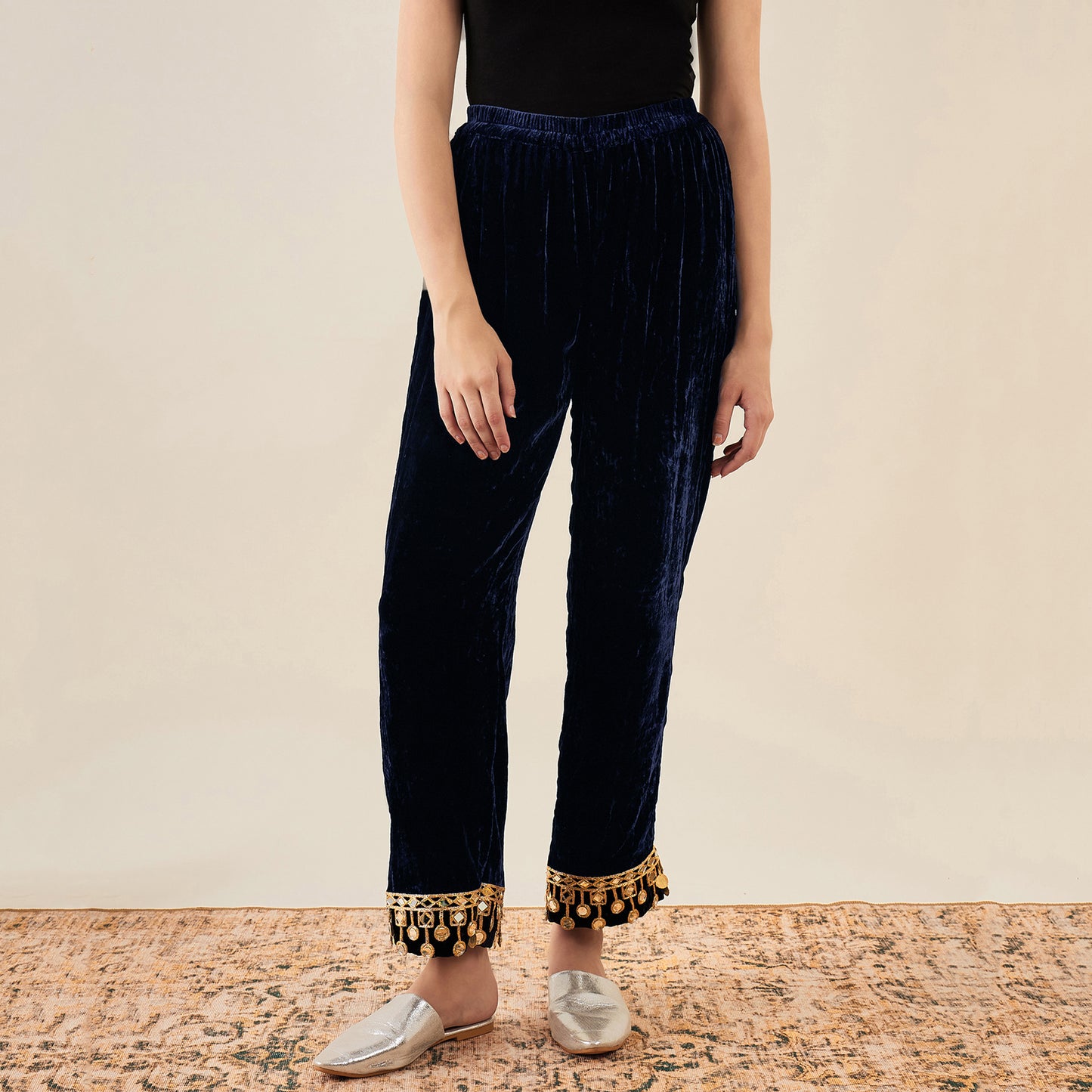 Blue Silk Velvet Straight Pants with Mirror Lace Detail