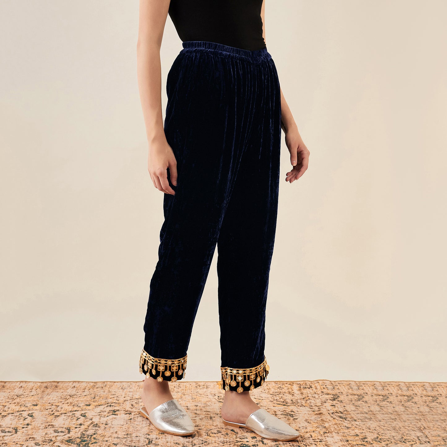 Blue Silk Velvet Straight Pants with Mirror Lace Detail