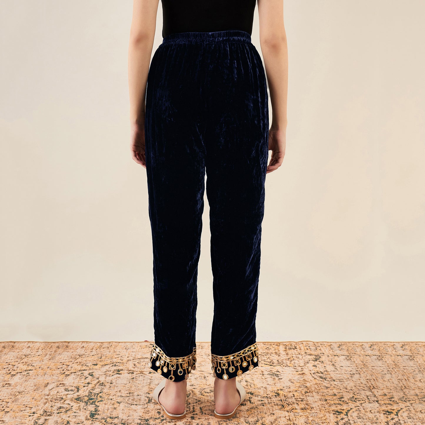 Blue Silk Velvet Straight Pants with Mirror Lace Detail