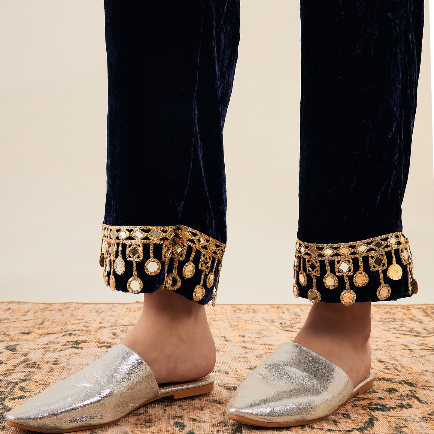 Blue Silk Velvet Straight Pants with Mirror Lace Detail