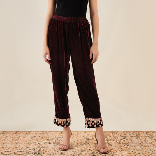 Maroon Silk Velvet Straight Pants with Mirror Lace Detail