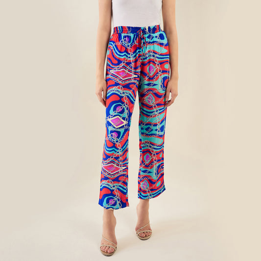 Blue and Red Marine Wave Print Pants