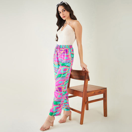 Pink and Green Marine Wave Print Pants