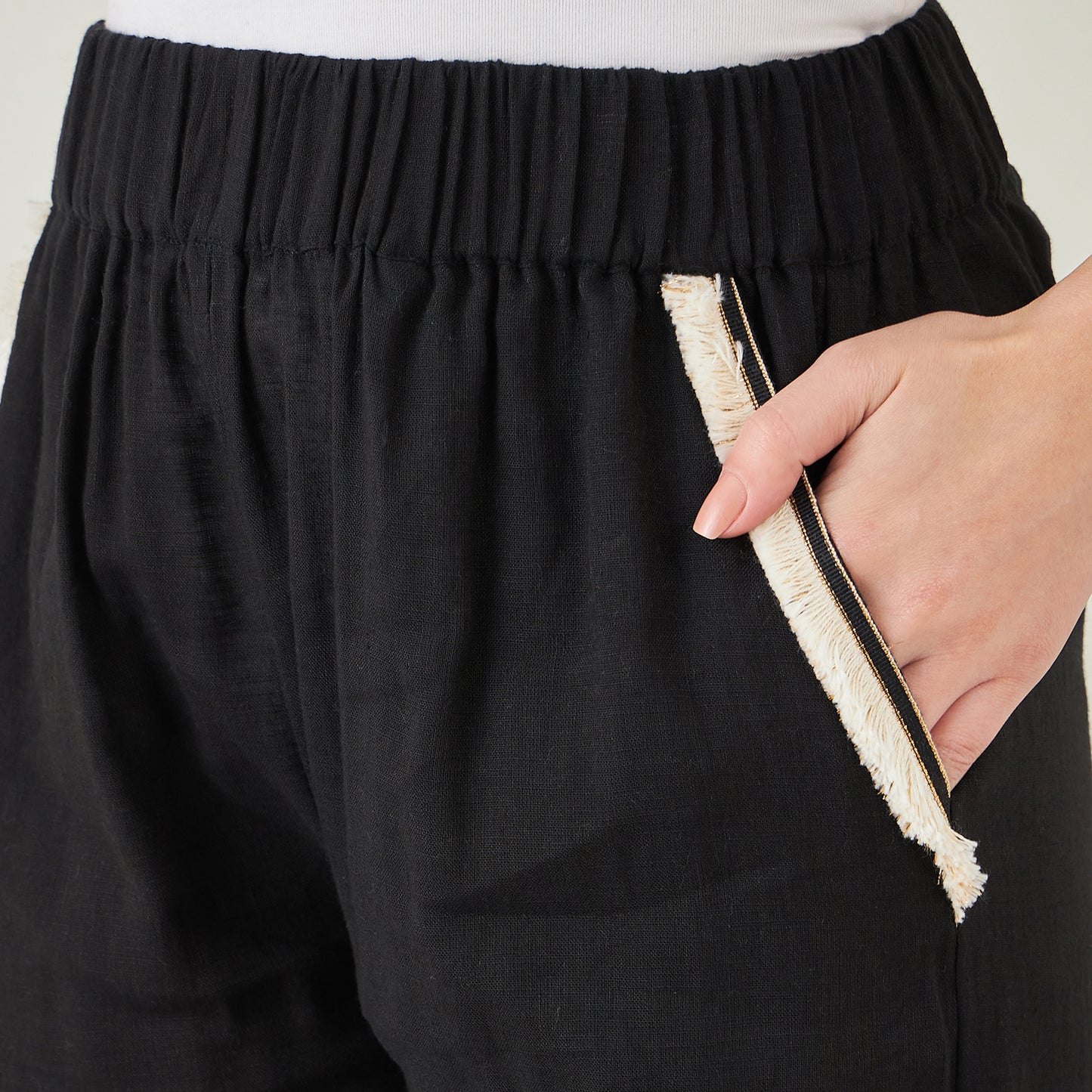 Black Linen Pants with Lace Detail