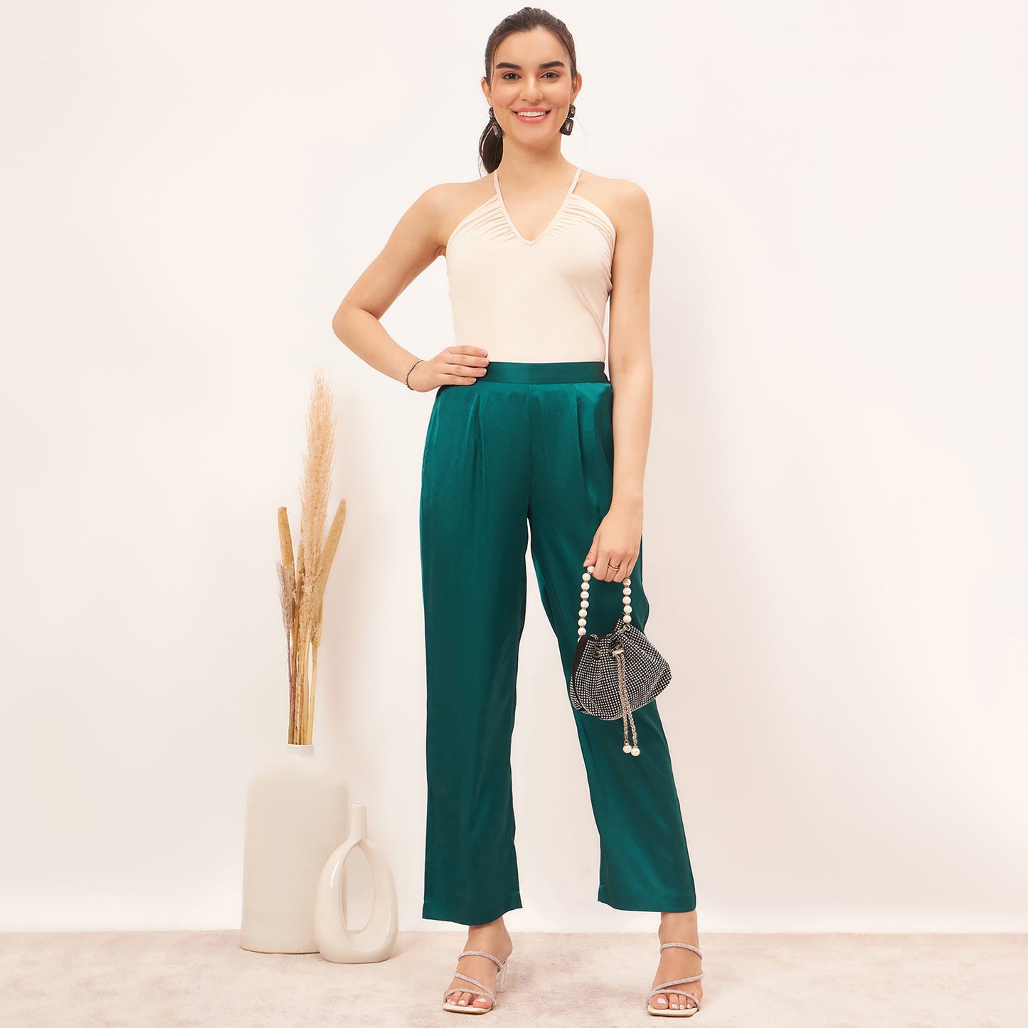 Teal Satin Straight Pants