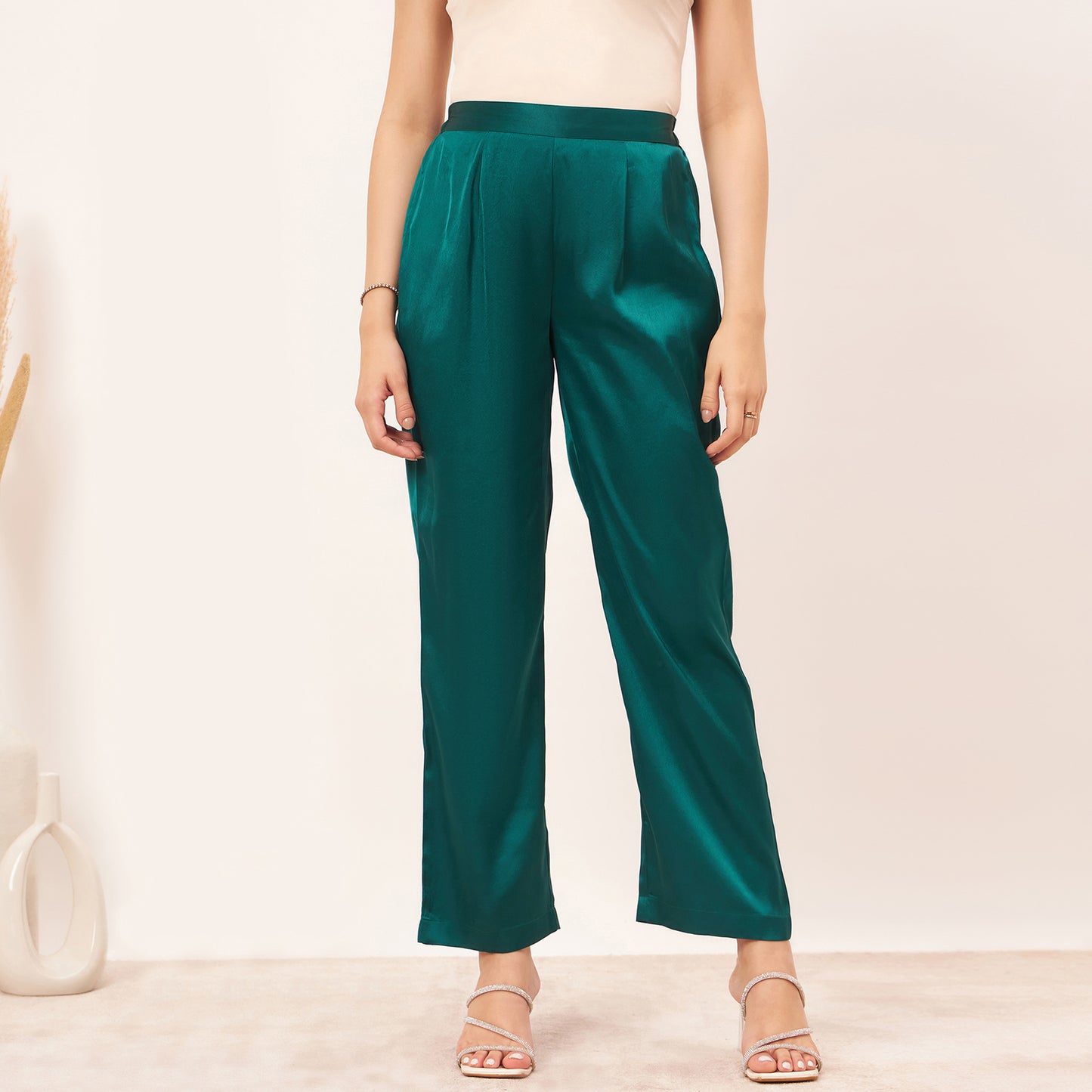 Teal Satin Straight Pants