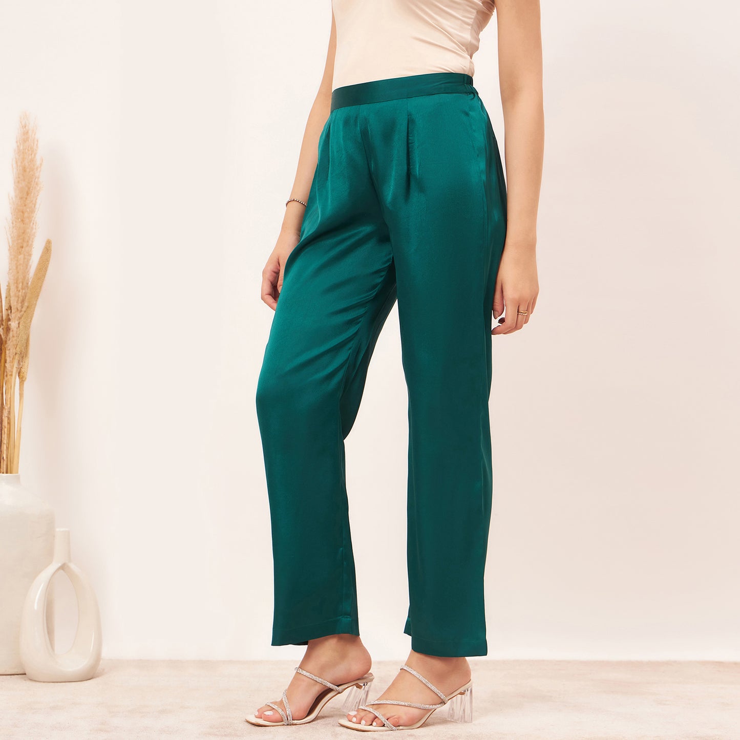 Teal Satin Straight Pants