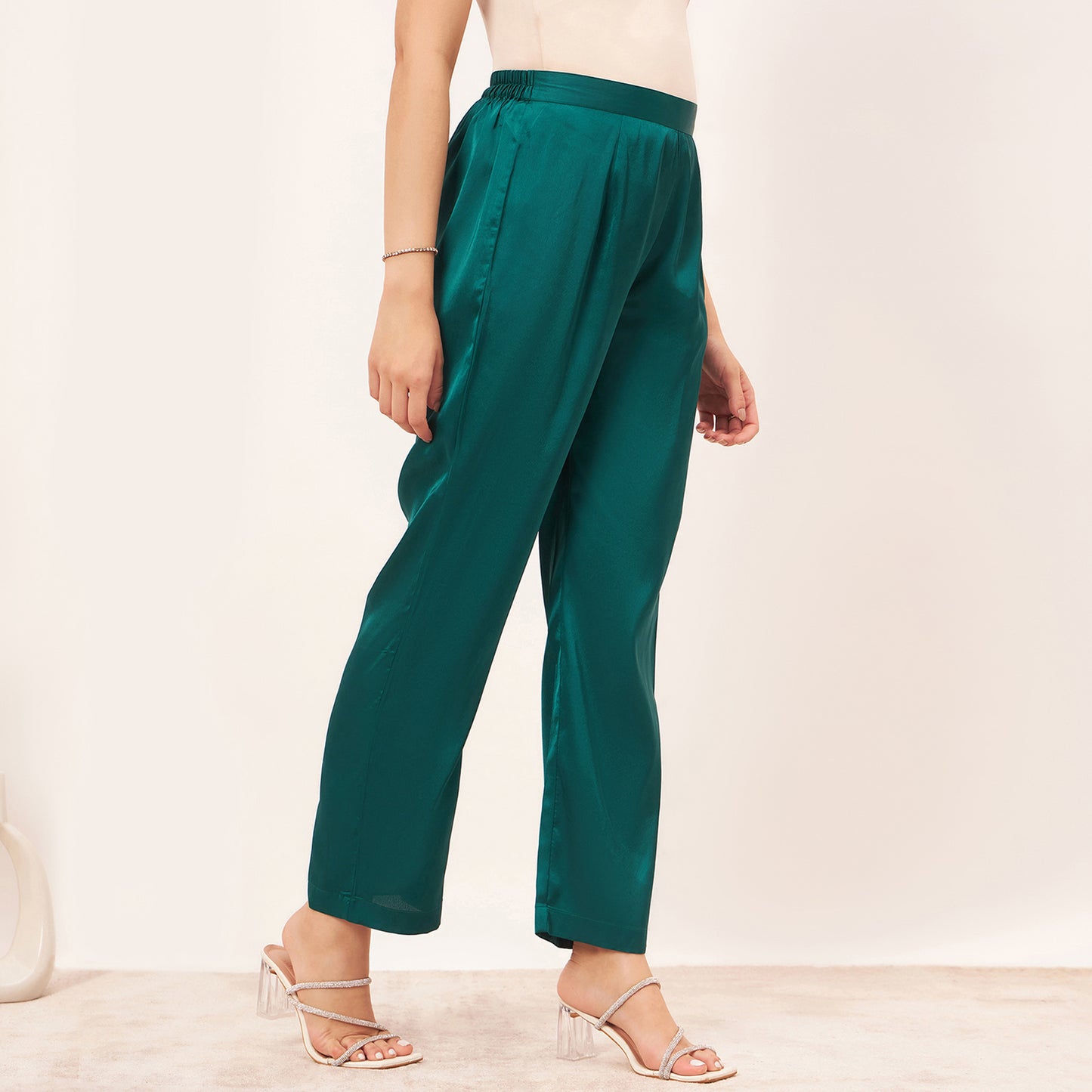 Teal Satin Straight Pants