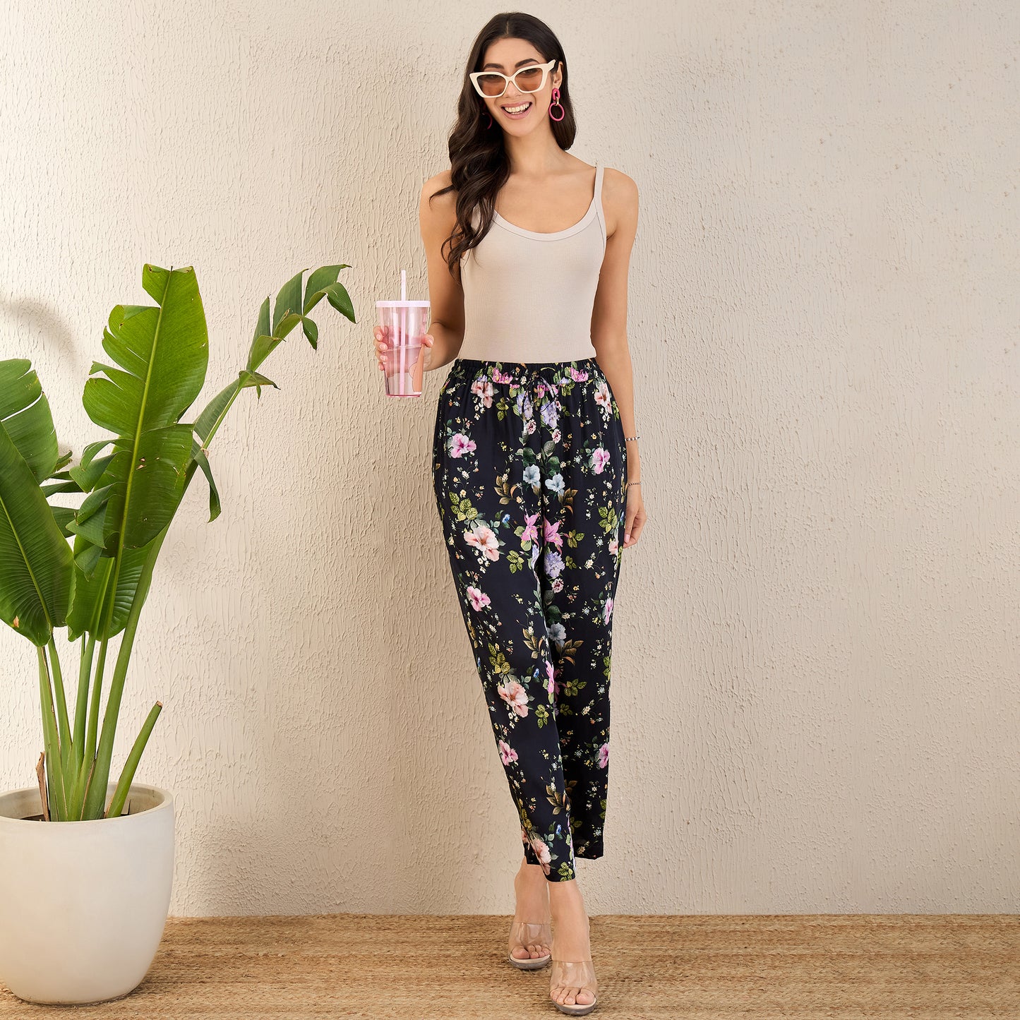 Black and Pink Garden Print Straight Pants