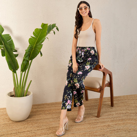 Black and Pink Garden Print Straight Pants
