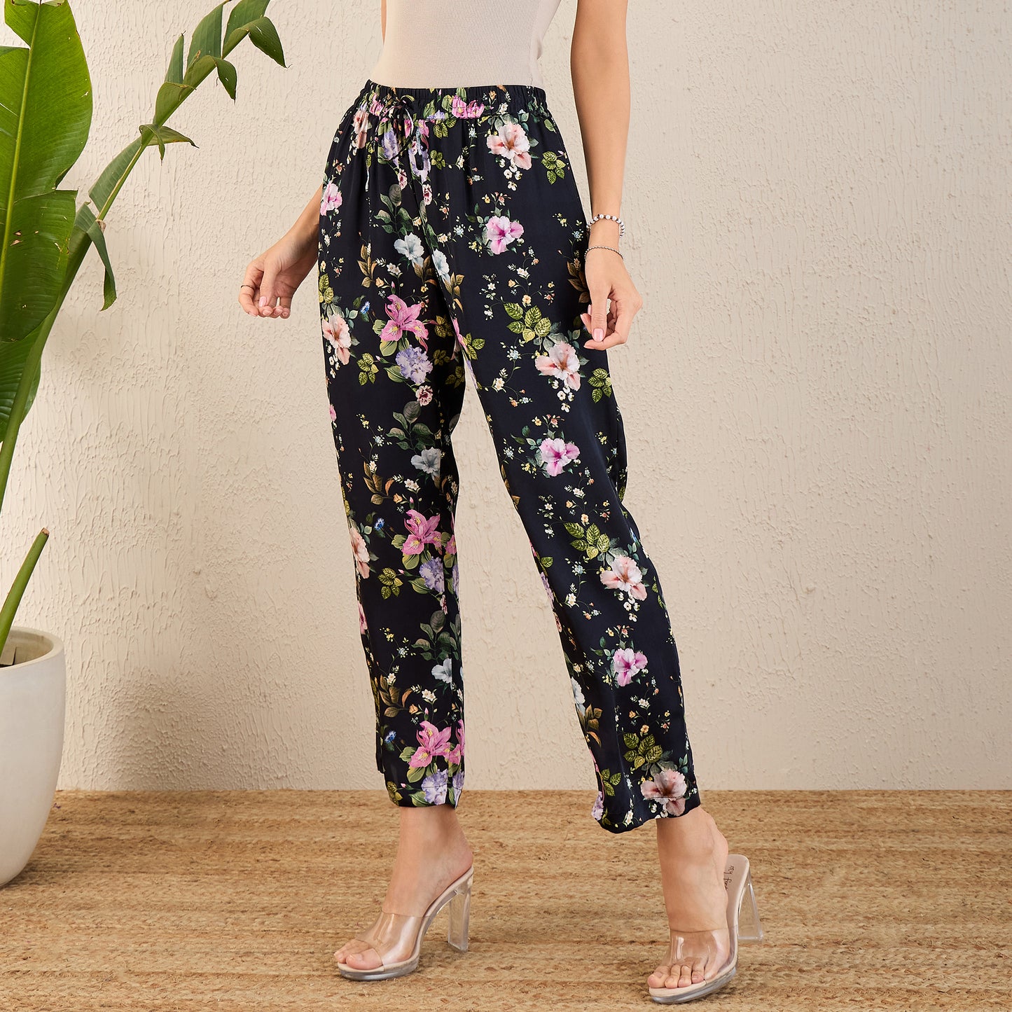 Black and Pink Garden Print Straight Pants