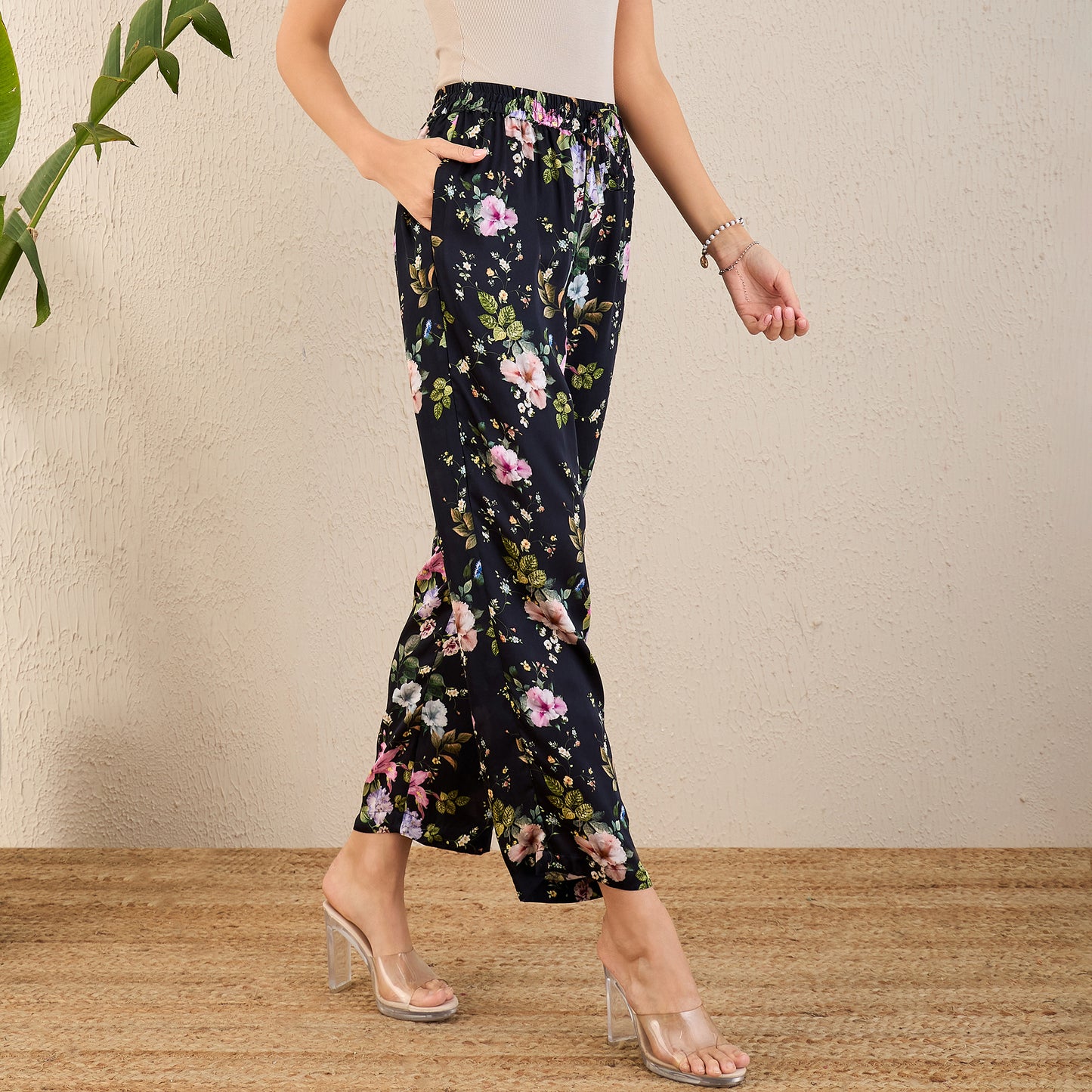 Black and Pink Garden Print Straight Pants