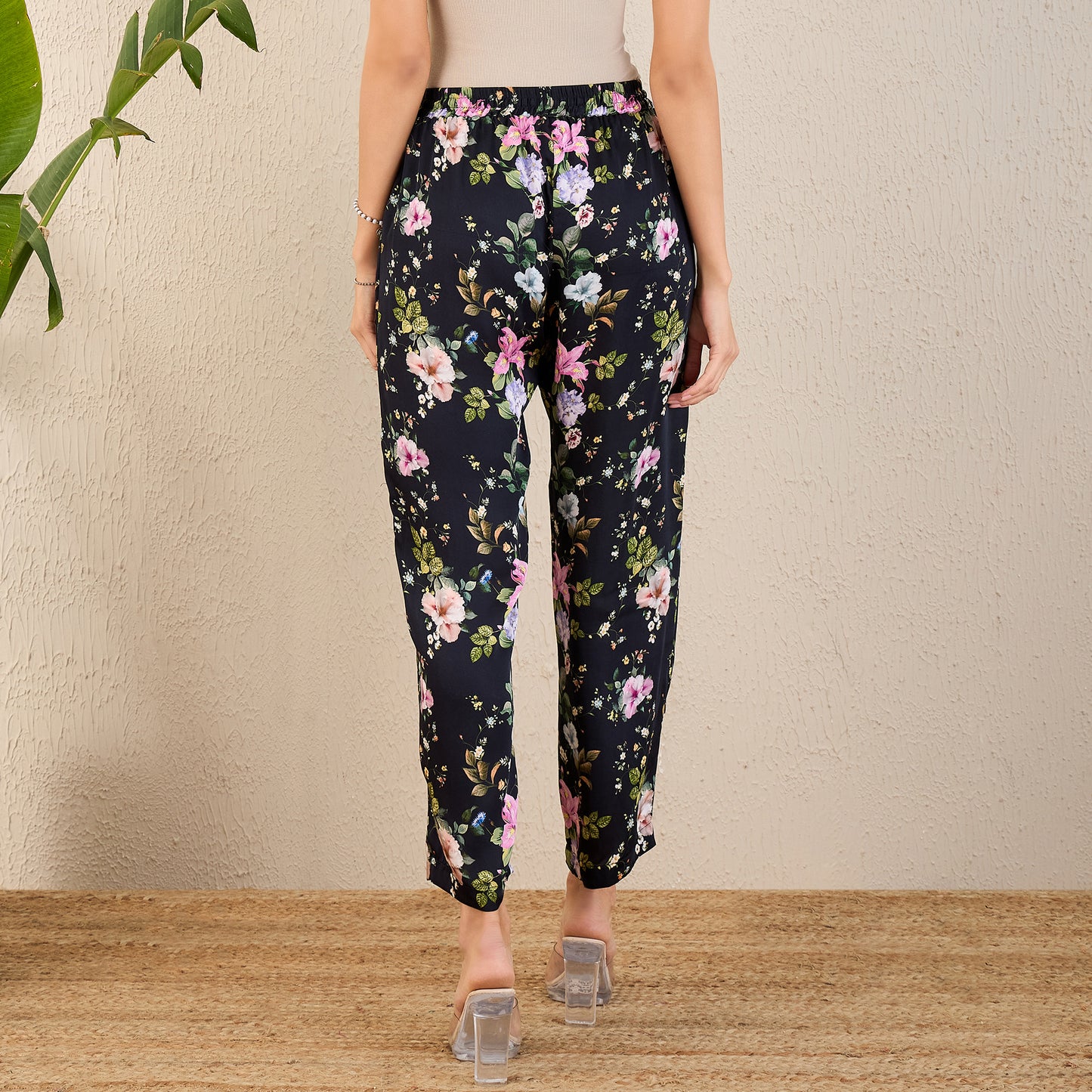 Black and Pink Garden Print Straight Pants