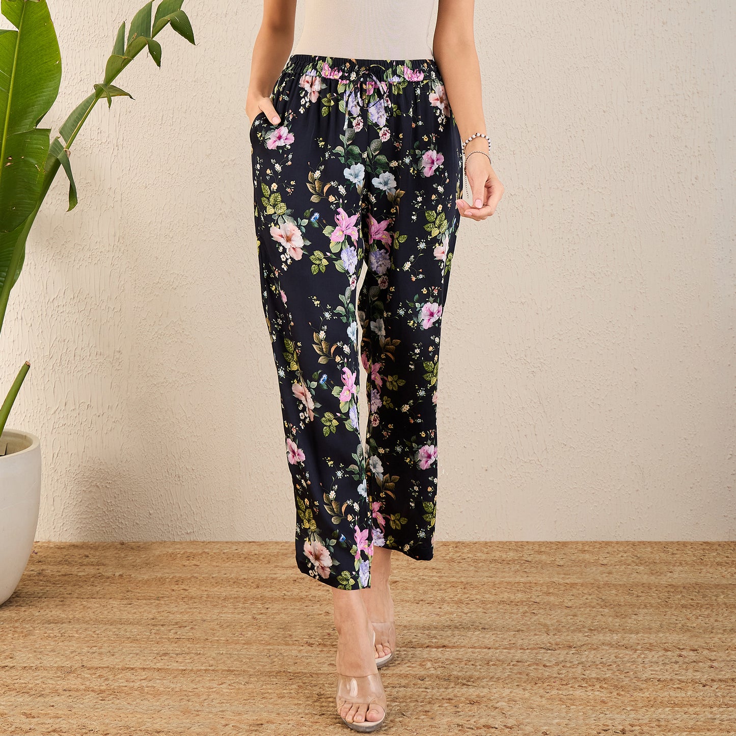 Black and Pink Garden Print Straight Pants