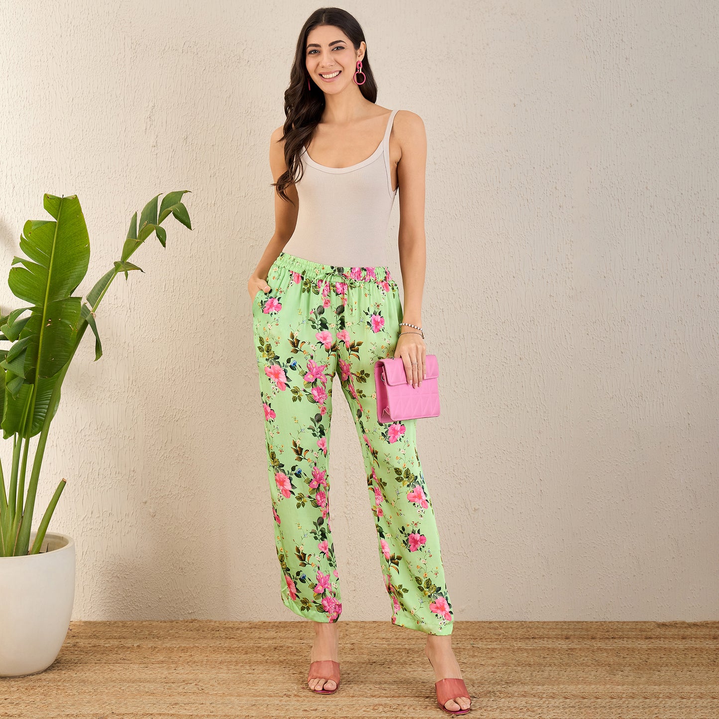 Mint Green and Pink Garden Print Straight Pants