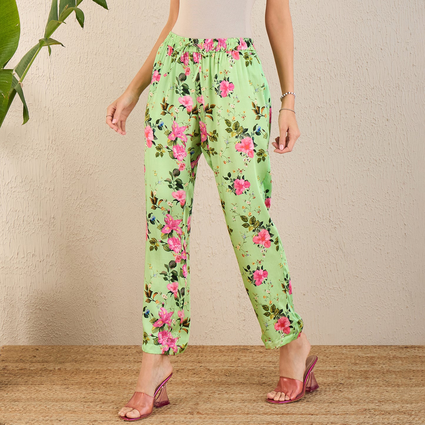 Mint Green and Pink Garden Print Straight Pants