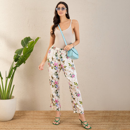 White and Pink Garden Print Straight Pants