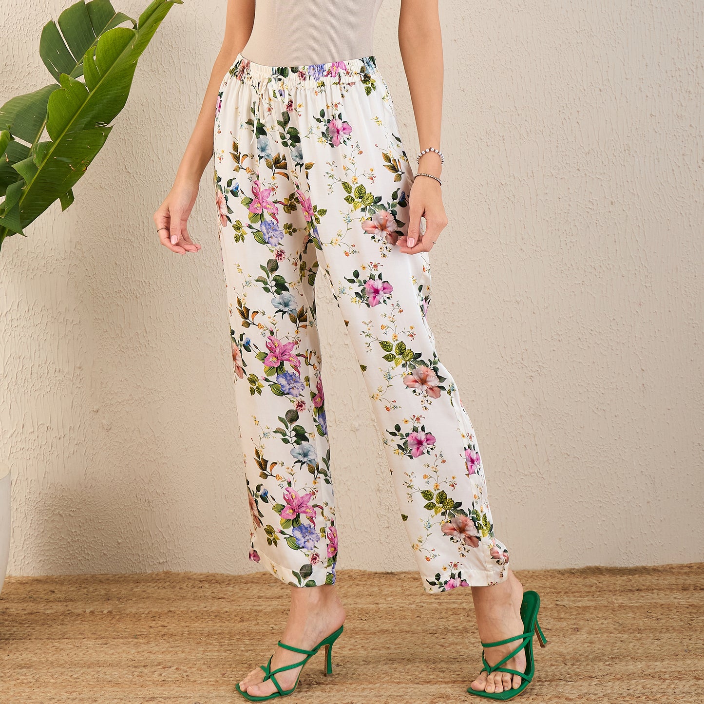 White and Pink Garden Print Straight Pants