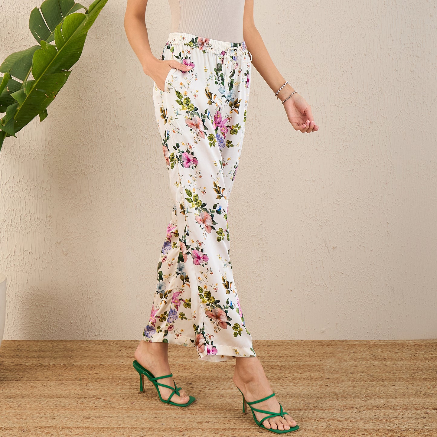 White and Pink Garden Print Straight Pants