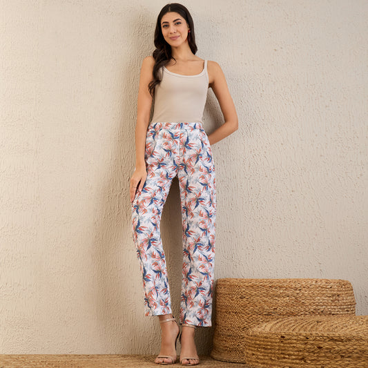 White and Indigo Blue Botanical Print Schiffli Straight Pants