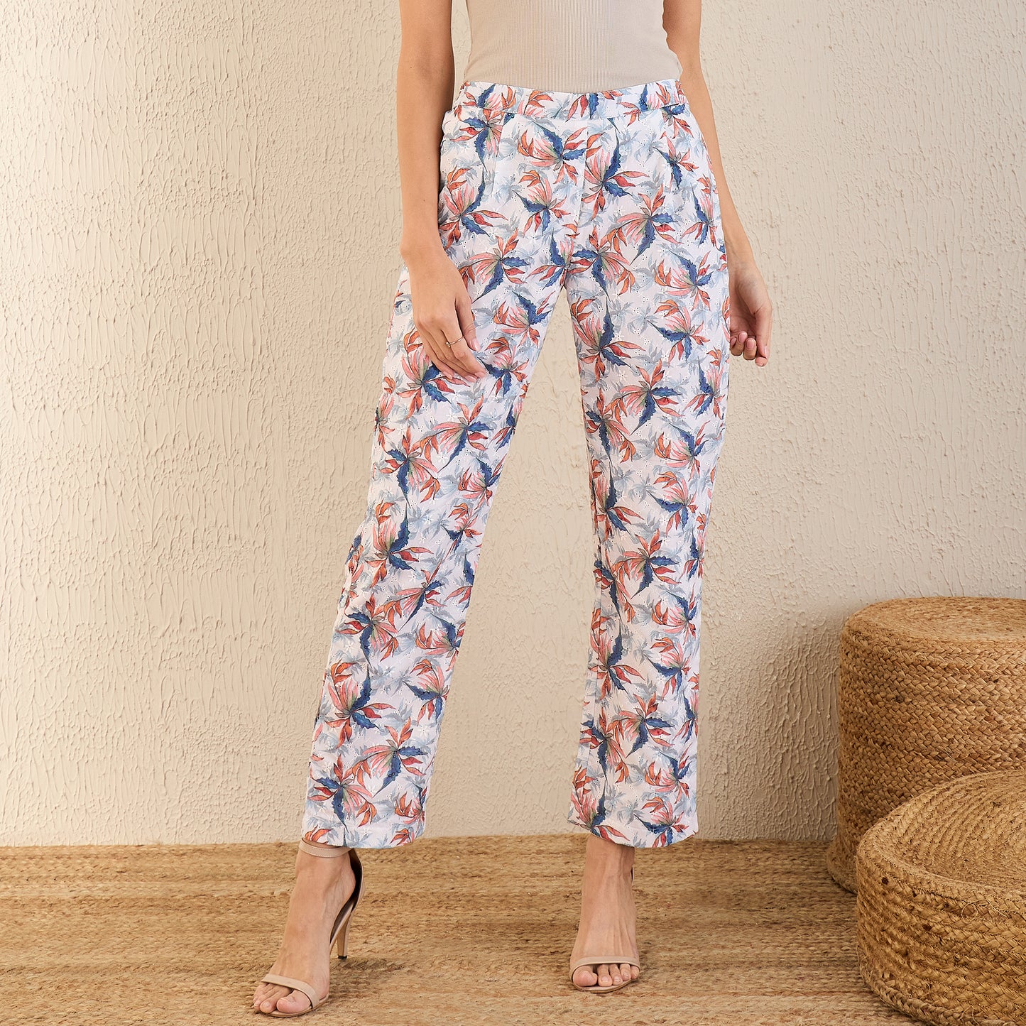 White and Indigo Blue Botanical Print Schiffli Straight Pants