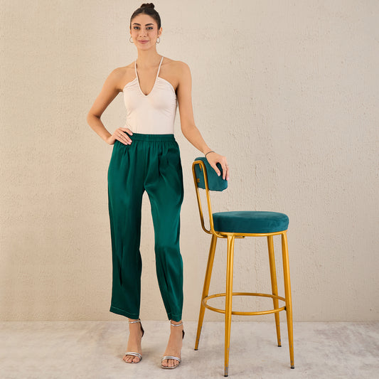 Teal Crystal Embellished Satin Straight Pants