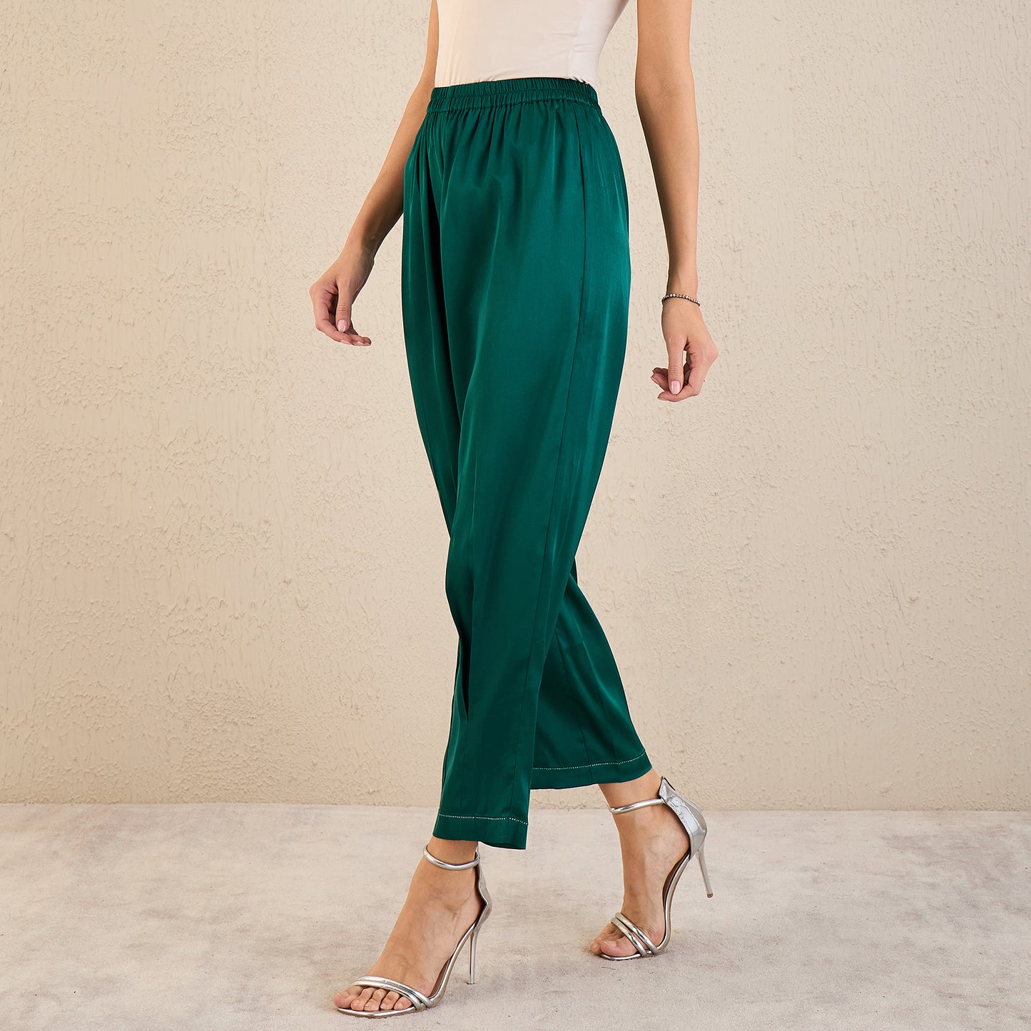 Teal Crystal Embellished Satin Straight Pants
