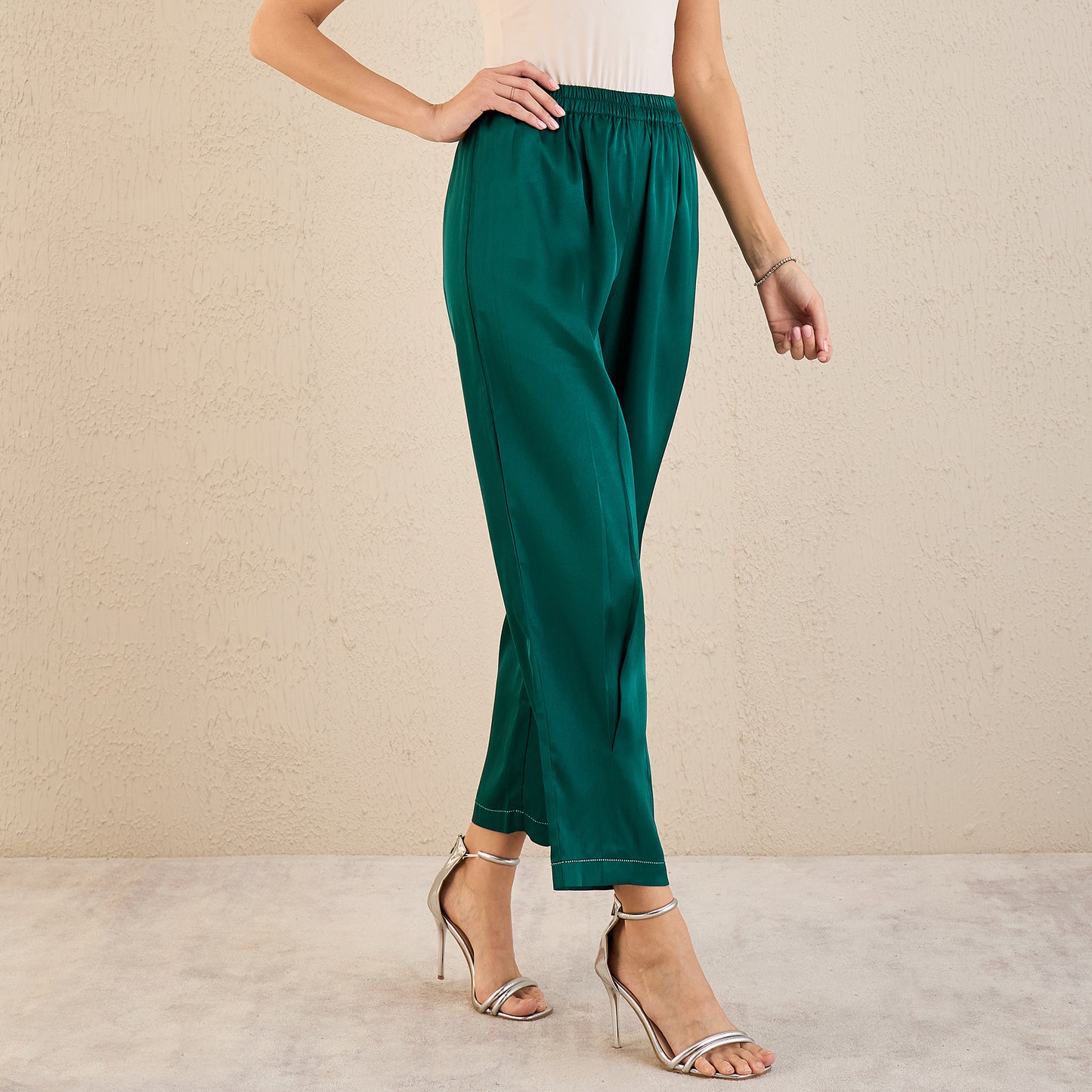 Teal Crystal Embellished Satin Straight Pants