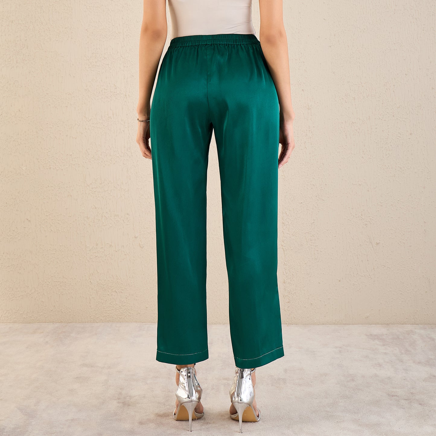 Teal Crystal Embellished Satin Straight Pants