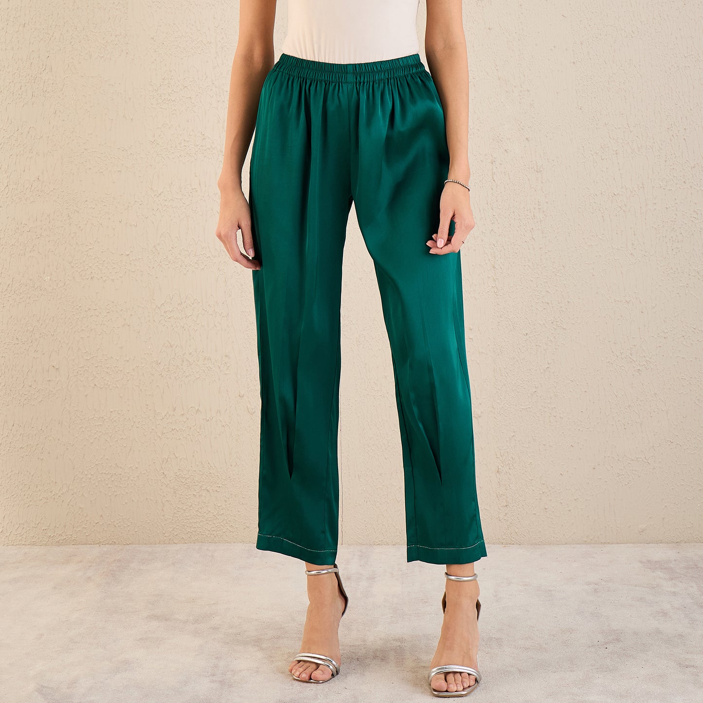Teal Crystal Embellished Satin Straight Pants
