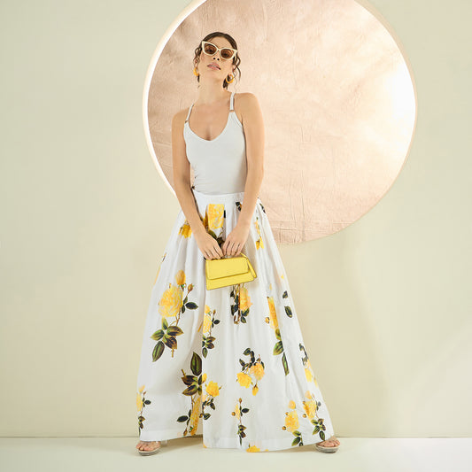White and Yellow Floral Wide Leg Pants