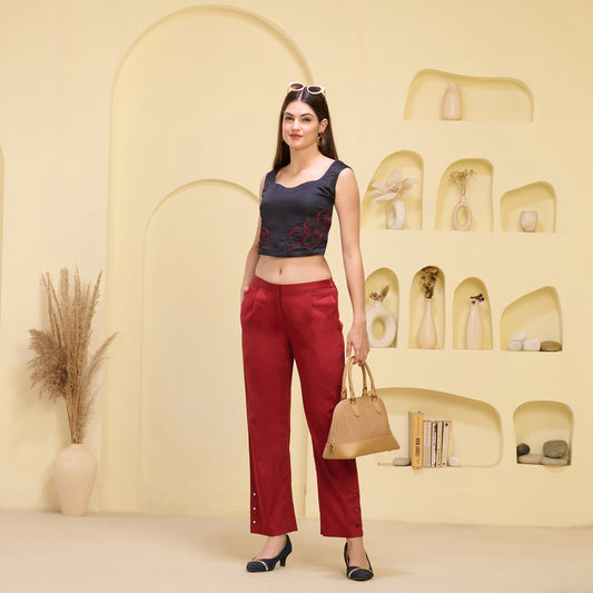 Red Mirror Hand Embroidered Straight Trouser