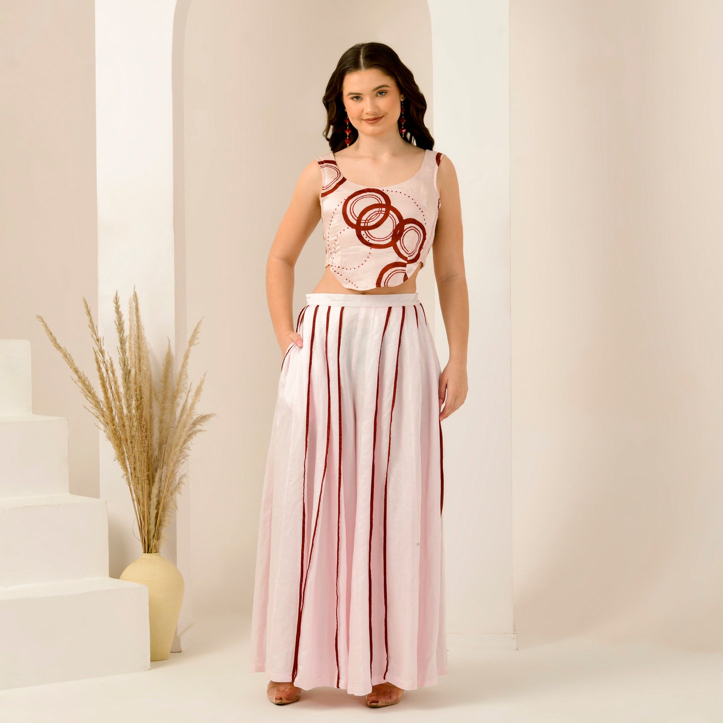Pink and Red Wide Leg Pleated Palazzo