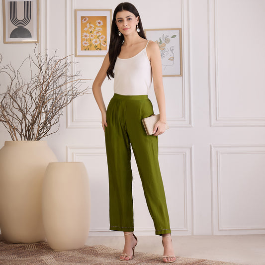 Olive Green Lustre Straight Pants