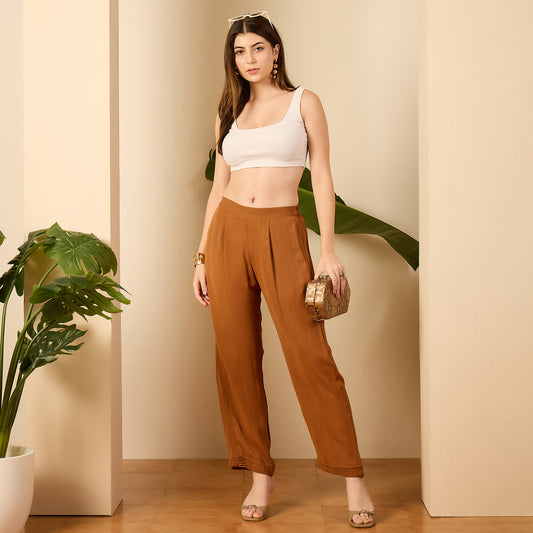 Beige Straight Pants with Tucks