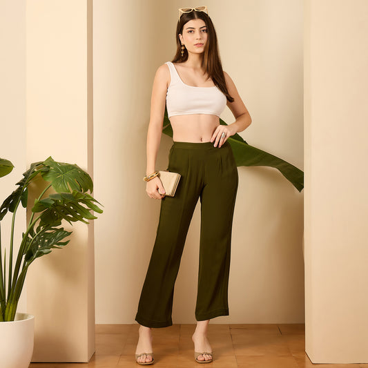 Green Straight Pants with Tucks