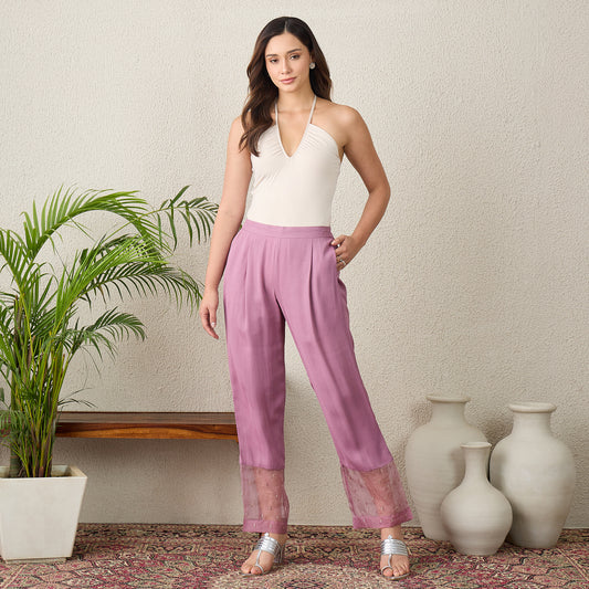 Lavender Straight Pants with Hand Embroidery