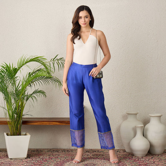 Navy Blue Straight Pants with Hand Embroidery