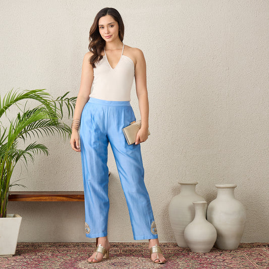 Sky Blue Straight Pants with Side Embroidery