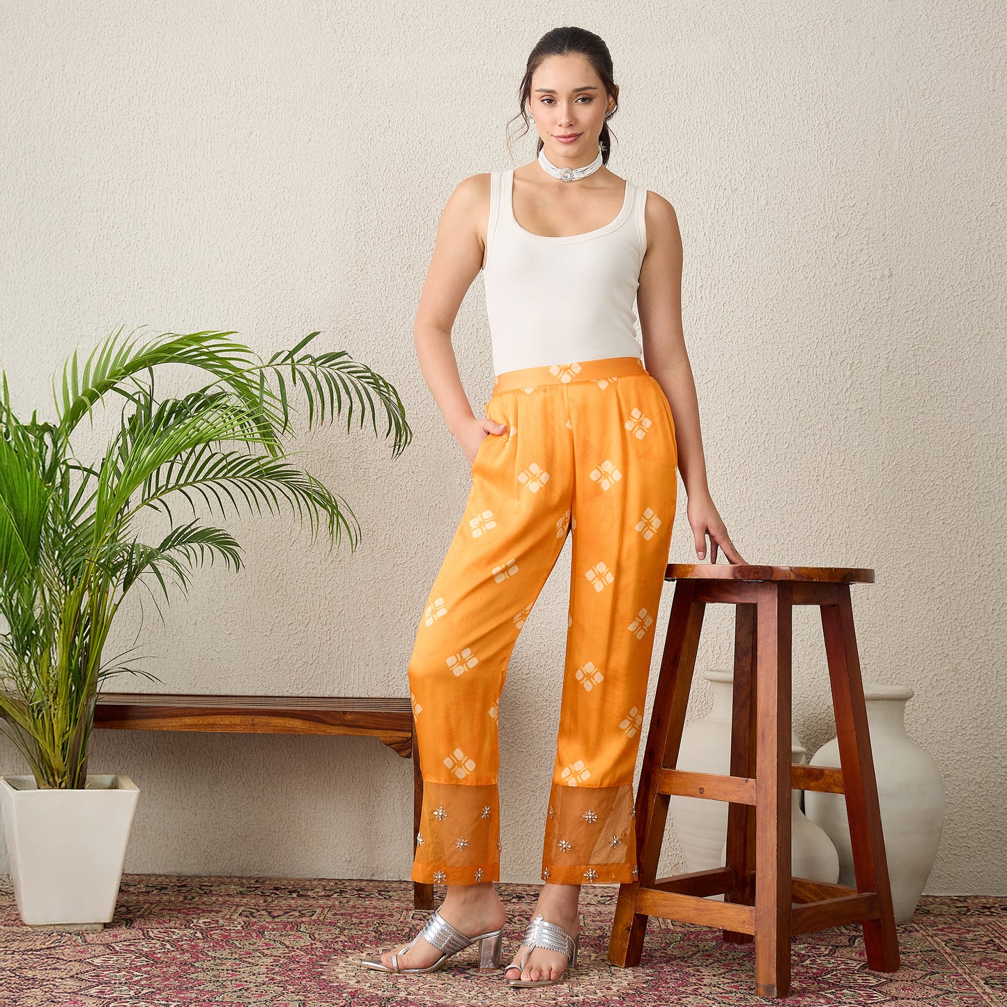 Orange Boota Print Hand Embroidered Pants