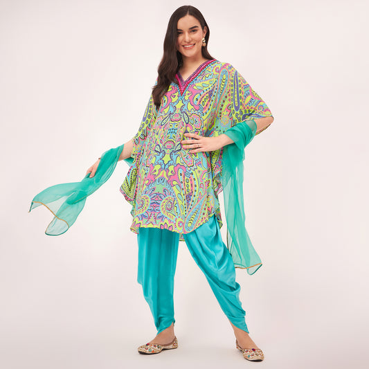 Lime Green and Pink Paisley Tunic with Tulip Pants and Dupatta Set