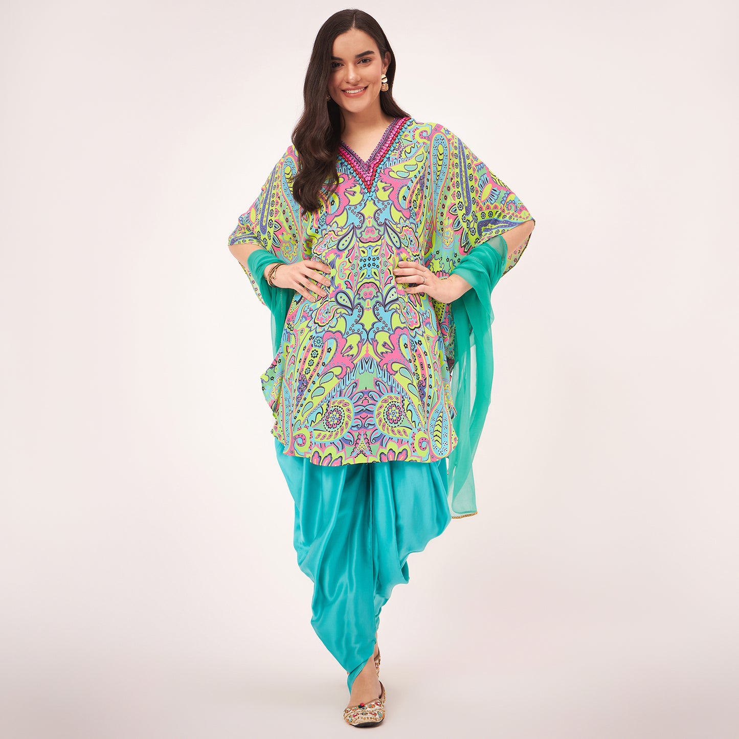 Lime Green and Pink Paisley Tunic with Tulip Pants and Dupatta Set